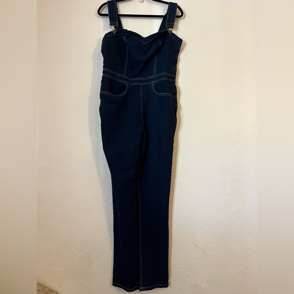 Collectif Dark Blue Denim Fitted Jeans Overalls - Picture 5 of 9